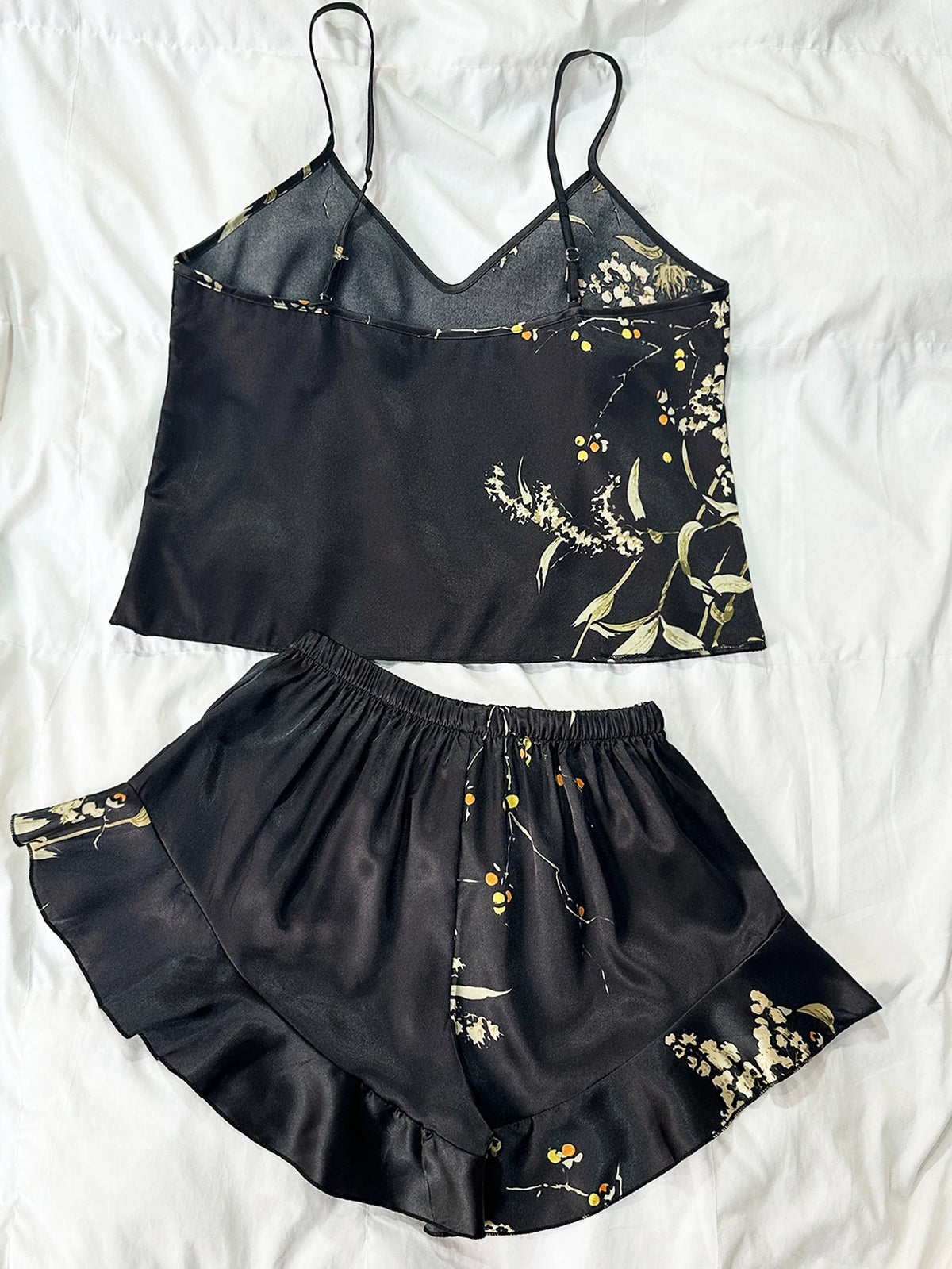 Damen-Pyjama-Set mit Vintage-Blumendruck, zweiteilig, Rüschen-Design, Loungewear, Homewear