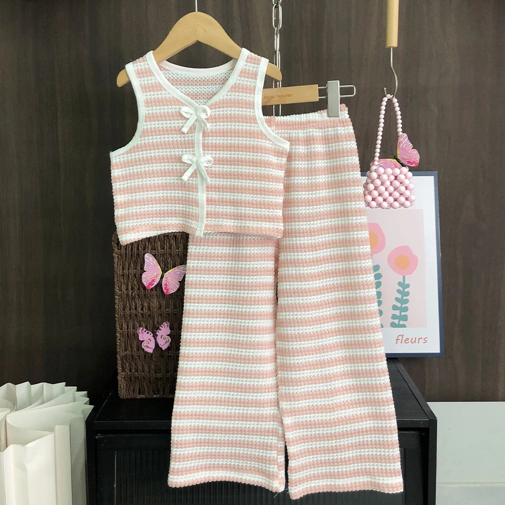 Bear Leader Modische und schlichte, gestreifte, bedruckte Mädchenkleidung im koreanischen Stil, Sommer, neuer Street-Style, ärmelloses Oberteil mit Schleife + Hose