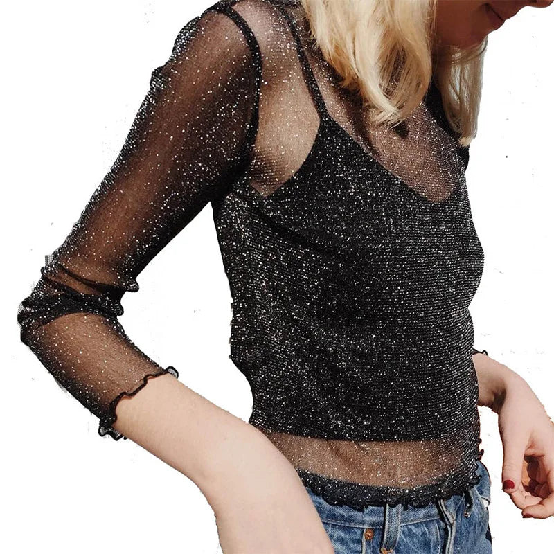 Sexy Mesh Langarm T-Shirt Frauen Sommer transparente Club Party schwarze T-Shirts niedlich dünn o Hals kurze Tops