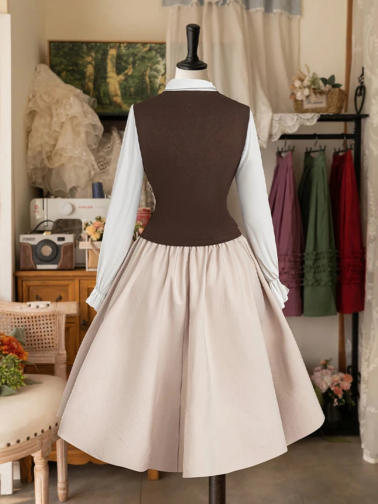 Limitierter Ausverkauf Plus Size Damen-Retro-Rüschenhemd mit hoher Taille, zweiteiliger Anzug, britischer Knopfweste, A-Linien-Rock