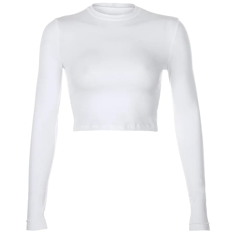 Solide Grund Langarm Damen T-shirt Casual Schwarz Weiß Mode Crop Top T Shirt Damen Mode Koreanische T-shirt