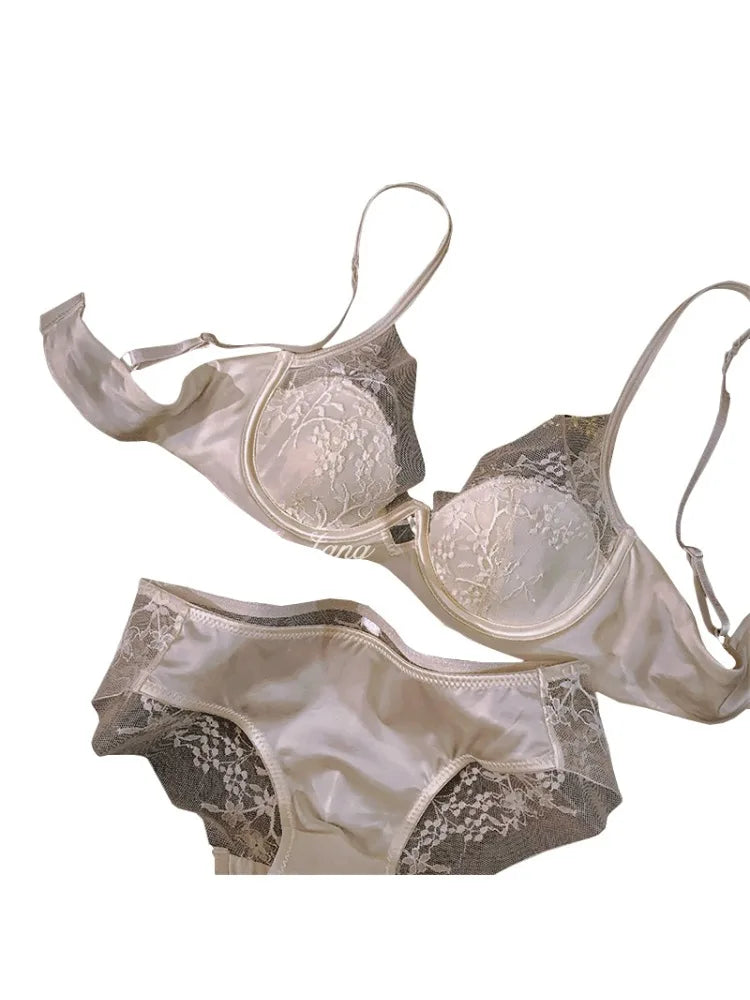 Sexy Spitzen-BH und Höschen-Set, Push-Up-Minimizer, tiefer Bügel, Demi-Cup für Damen, Partykleidung, durchsichtiges Push-Up-Minimizer-BH-Set aus Satin