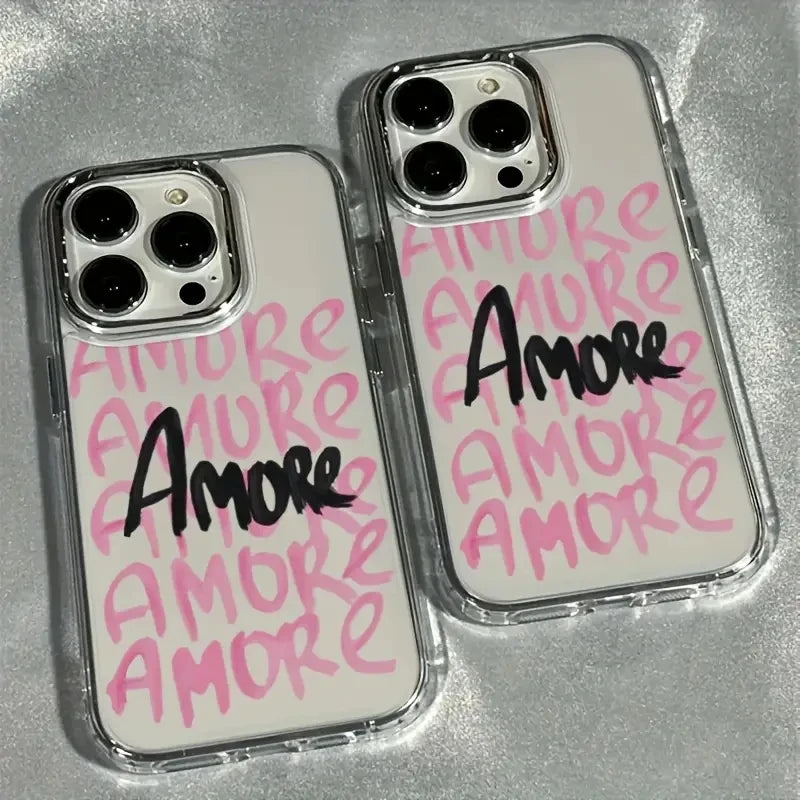 AMORE Rosa Text Silber Linsenrahmen Transparente Handyhülle für iPhone 17 16 11 12 13 14 15 Pro Max XS X XR 7 8 Plus 16E Air Cover