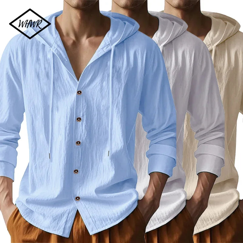 Sommer Heißer Verkauf Strand Stil Shirts männer Lange Ärmeln Mit Kapuze Baumwolle Leinen Einfarbig Casual Vielseitig Kragen hemd Männlich Top