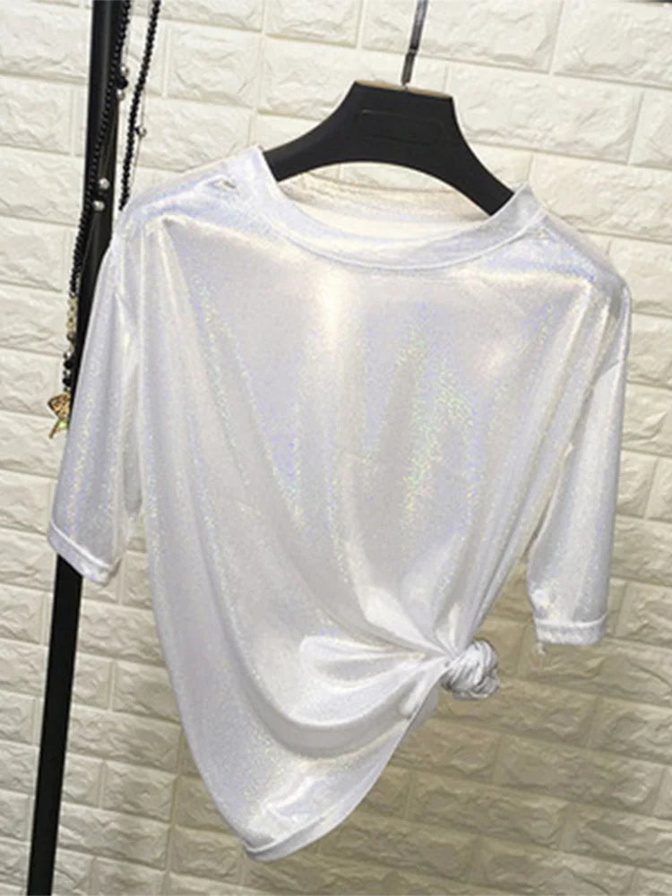 Neue sommer retro stilvolle helle seide frau tops glänzend lose kurzarm t-shirt sexy club ästhetischen harajuku frauen t-shirt