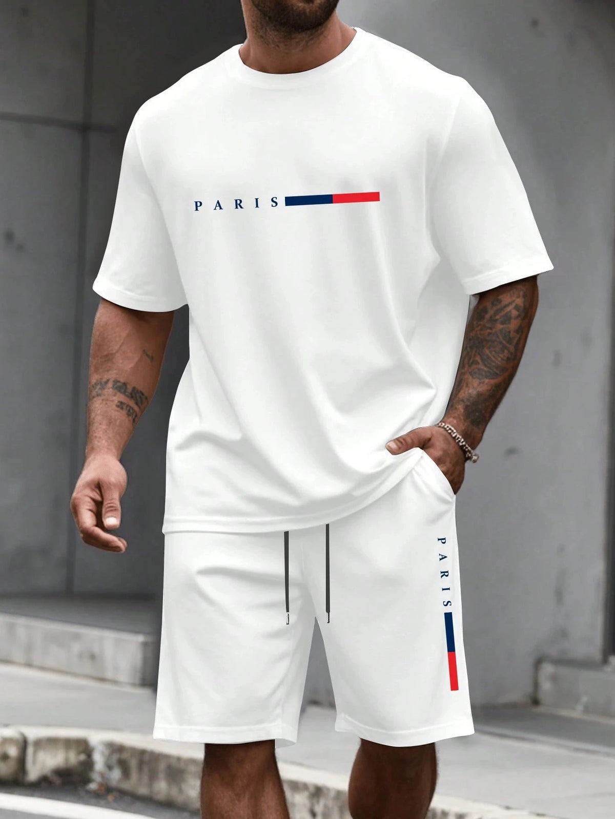 Paris-Buchstaben-Print Herren Frühling und Sommer Zweiteiler Set Lässiger Rundhals Kurzarm T-Shirt Shorts Sportanzug Bedruckte Kleidung