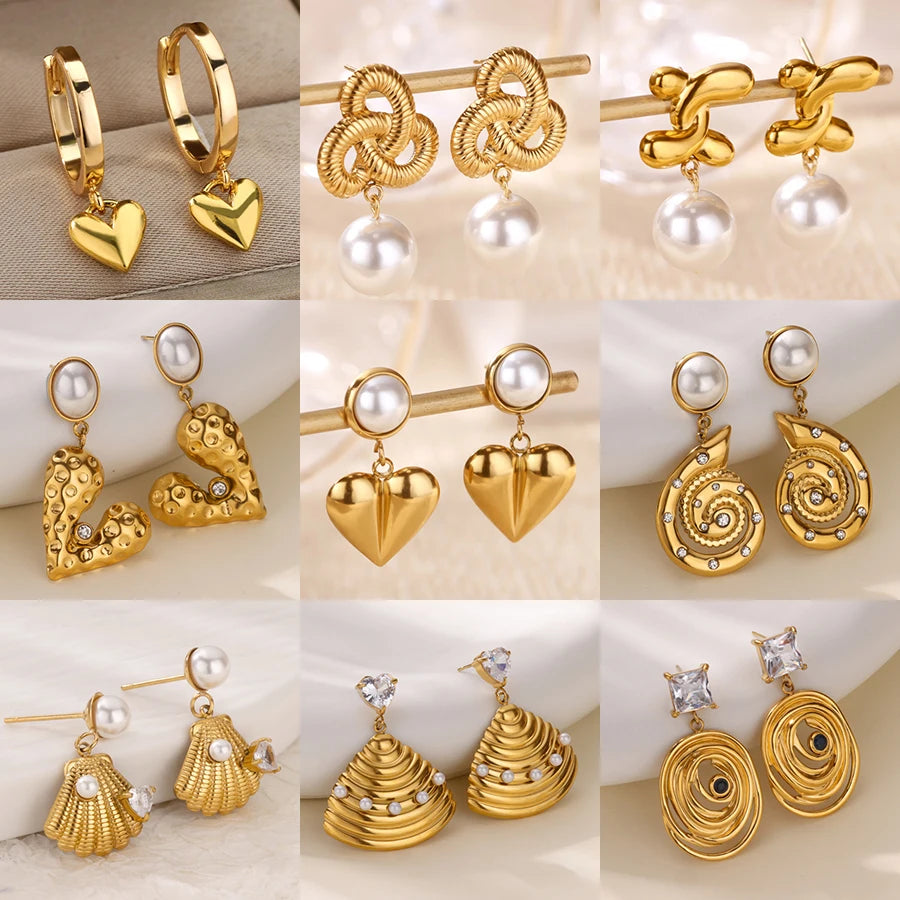 Elegante Imitation Perle Tropfen Ohrringe für Frauen Gold Farbe Edelstahl Herz Geometrische Durchbohrte Ohrringe Trendy Party Schmuck