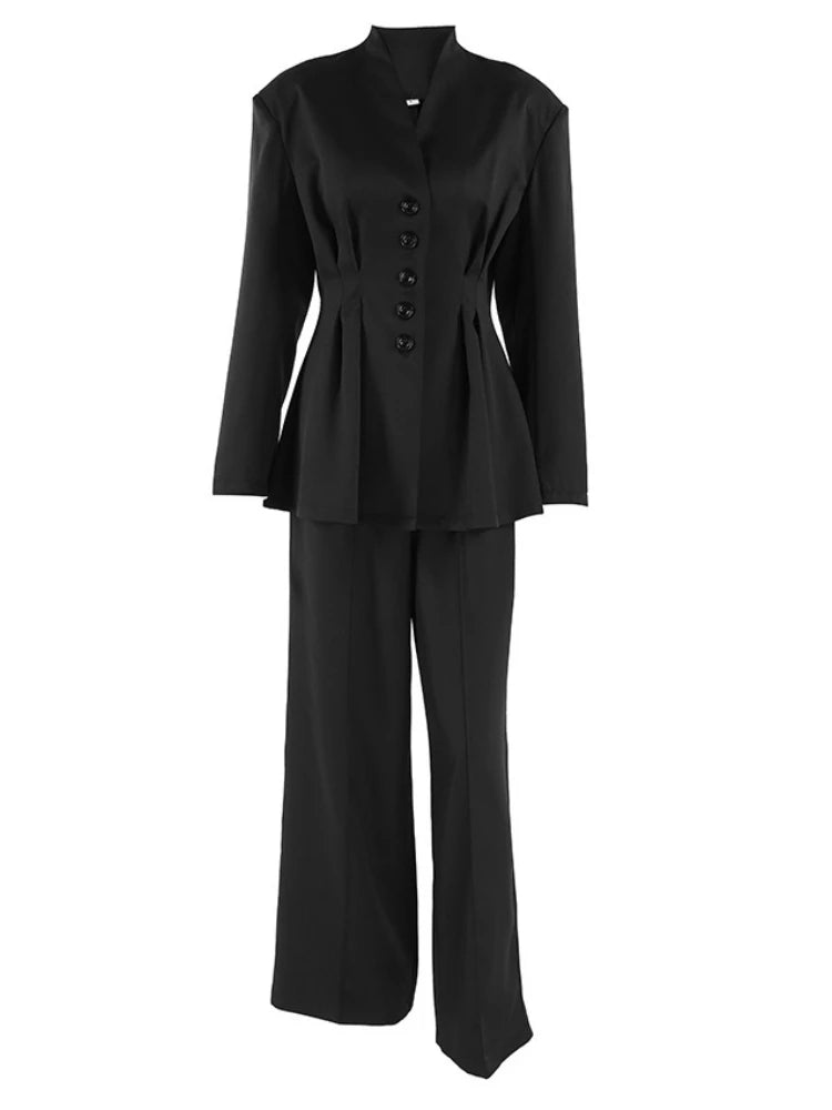 Elegantes Blazer-Hosen-Set für Damen Einfarbiger V-Ausschnitt Langarm-Knopfjacke Weite Hose Frühjahr Neue Mode Büro-Damen-Outfits