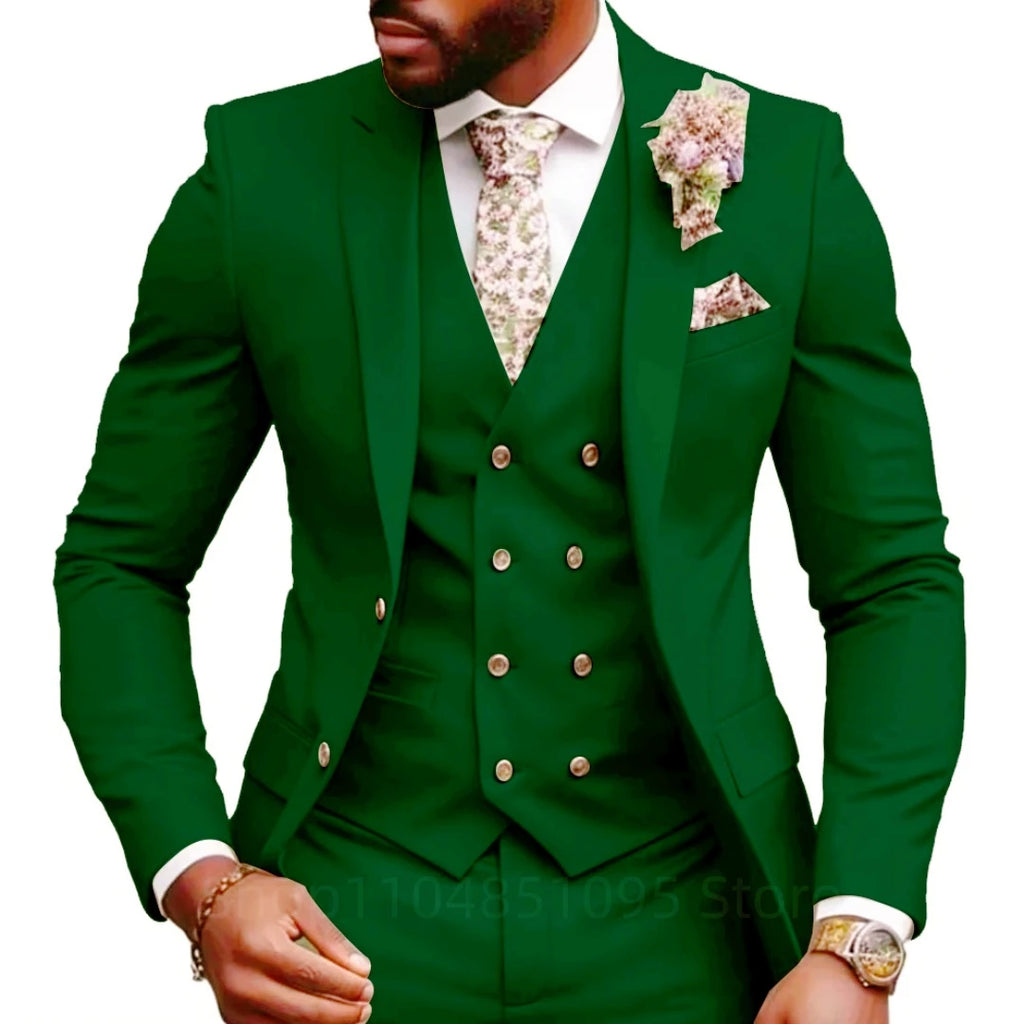 Hochwertige Grüne Business-Anzüge für Herren Slim Fit Elegante Hochzeitskleidung 3-Teilig Zweiknopf-Jacke Weste Hose Party-Sets