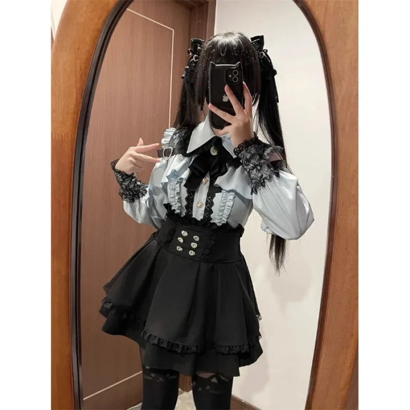Damen-Lolita-Set, dunkles Femme-Mesh-Oberteil und Taillenrock, 2025, japanischer Herbst-Street-Style-Koord für Gothic-Baddie-Mode