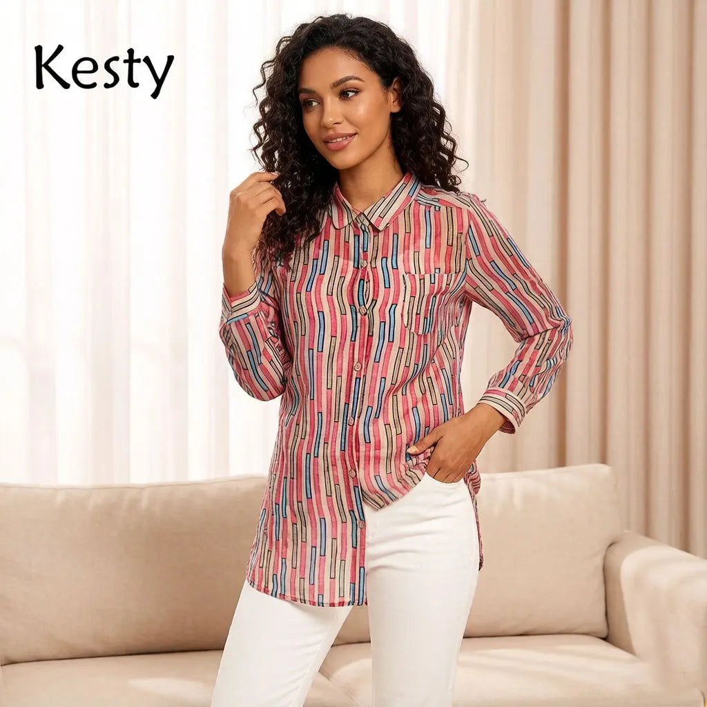 Damen-Hemd mit Streifenmuster, rosa Farbblock, langärmlig, Button-Down-Bluse mit Tasche, lockere Passform, lässig, für das Büro