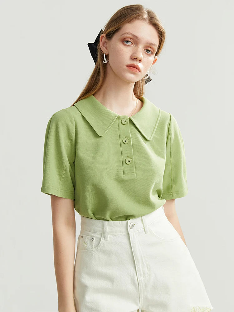 FSLE Frauen T-shirt Lose Kurzarm Baumwolle Hemd Einfarbig Frauen Tops Büro Dame Pendeln Sommer Polo Kragen Tees