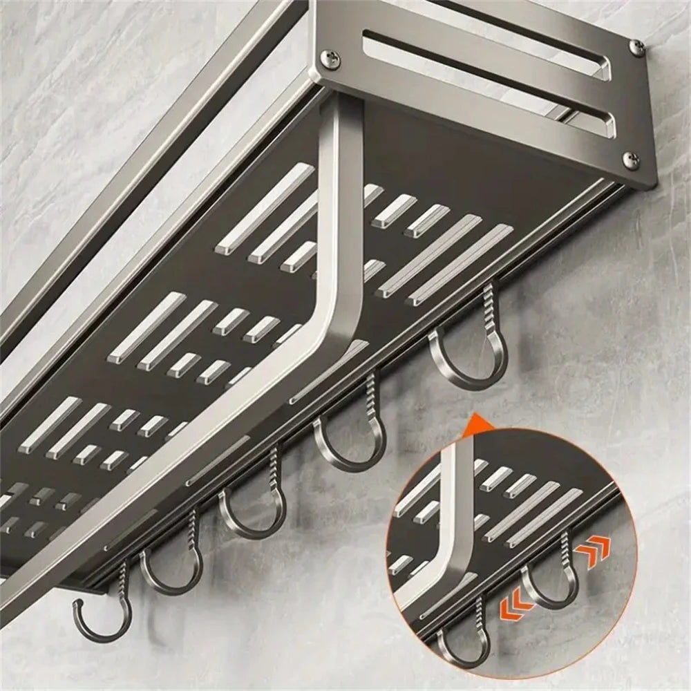Wandmontiertes Gewürzregal aus Aluminium, multifunktionales Gegenstandsregal, Küchenutensilien, Haken, Aufbewahrungsregal für Küchengewürze