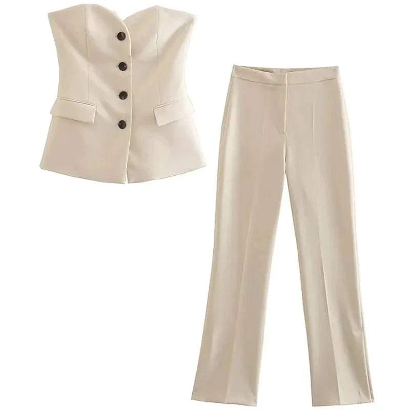 2024 Damen-Hosen-Set, einreihige Tasche, trägerlos, schmales Röhrenoberteil + wilde Damen-Hose mit geradem, weitem Bein und langer Hose, Straße