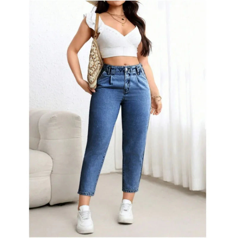 Damen Plus Size Jeans im amerikanischen Street-Style, elastische blaue Jeans, vielseitige modische Freizeithose aus Denim.