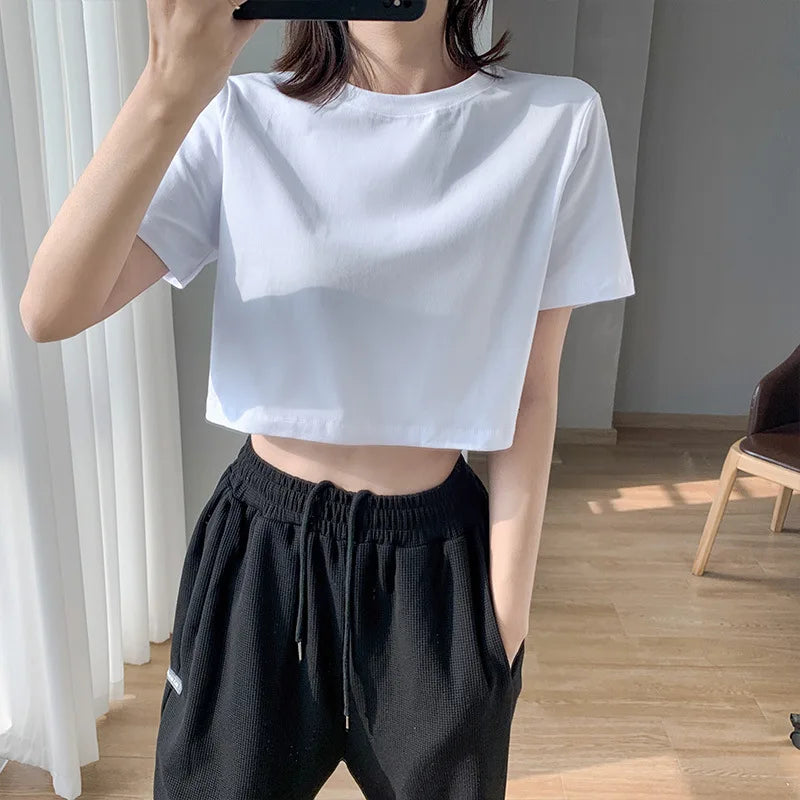 Sommer Mode frauen Kleidung Top Y2K lose Kurzarm T-shirt Sexy Einfarbig Straße Frauen Crop Top