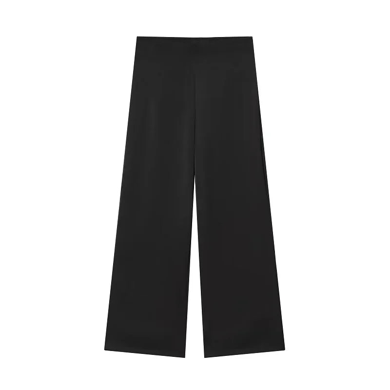 MUJER 2025 Hosen-Set, 2-teilig, Damen-Hosen-Set aus schwarzem Satin, schulterfreie Oberteile, hohe Taille, Hosen, 2-teiliges Set, Damen-Outfit