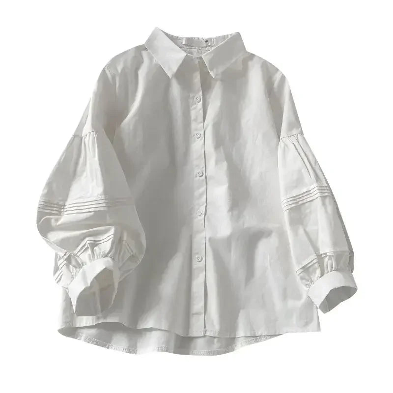 2024 Puff ärmel Hemden Frauen weiß umdrehen Kragen adrette Sinn für Design schicke weibliche Tops koreanische Mode einfache Sommer bluse