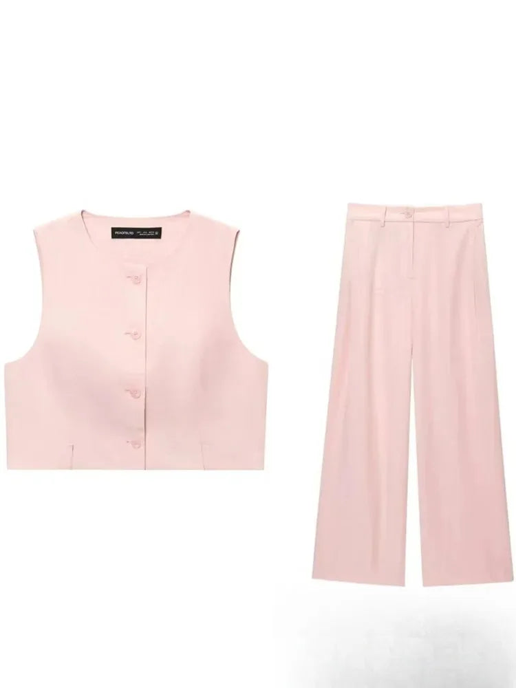 KONDALA Casual Büro Dame Chic Rosa Frauen Anzug Solide Oansatz Tasten Weste Gerade Lose Hosen Mode 2025, Frühling Sommer Set