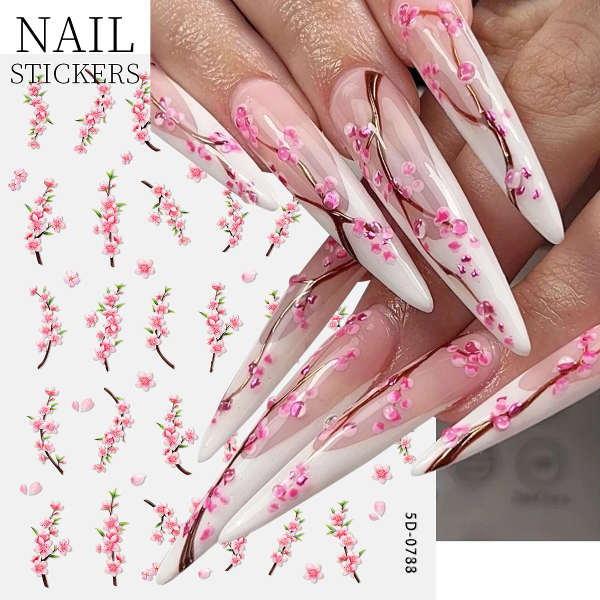 1 Stück Pfirsichblüten-Nagelkunst-Aufkleber, 5D geprägte japanische rosa Kirschblüten-Klebe-Nagelsticker, Frühlings-Blumen-Nageldekor
