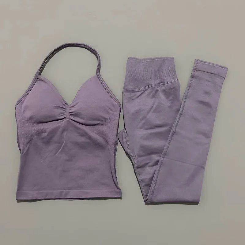 HISTELLO Gym-Leggings-Set, 2-teilig, für Damen, Yoga, lang, mit Trägern, nahtlos, Fitness-Kleidung, Laufen, Workout, Sport-Tops, Outfit