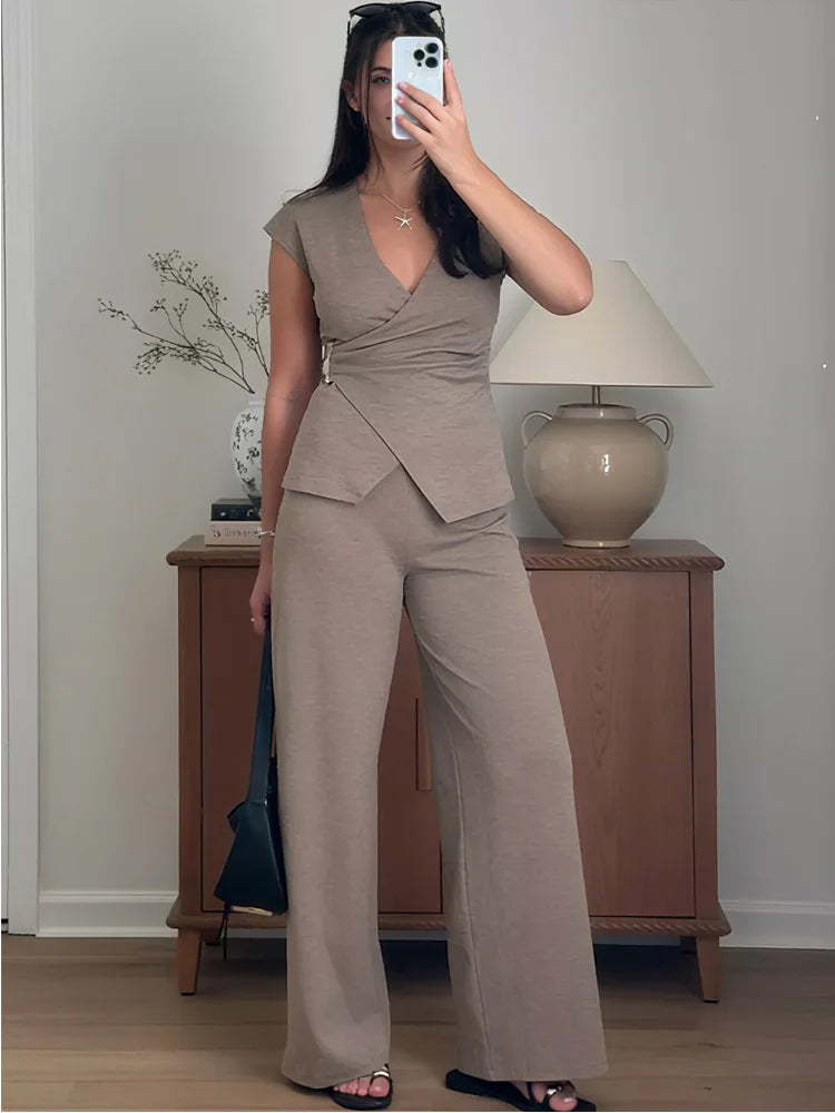 HXAO Hosen-Sets, Damen-Anzug, Falten, Oberteil, Sporthose, Trainingsanzug, Sommer, zweiteiliges Set, Sportbekleidung, elegant, lässig, weiblich, 2-teiliges Set