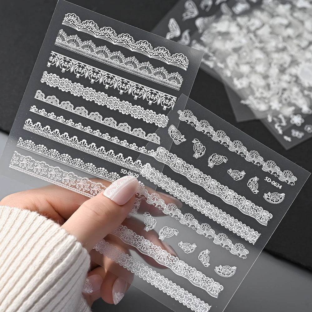 5D Relief Weiße Spitze Nagel Aufkleber Elegante Hohle Spitze Französisch Nagel Aufkleber Selbstklebende Hochzeit Spitze DIY Maniküre Liefert $ # TY3