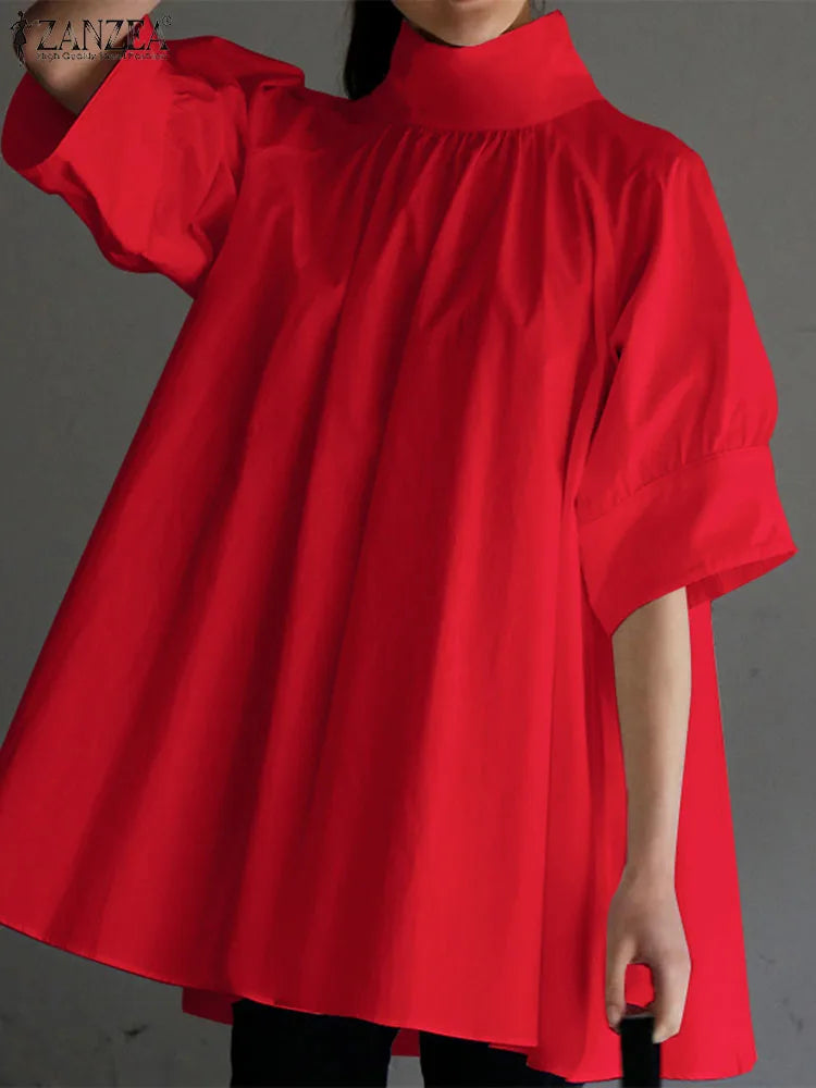 Mode solide plissierte Bluse Zanzea Overs ize Shirt Frauen elegante High Neck Halbarm Bluse Sommer Tops Arbeit Urlaub Blusas