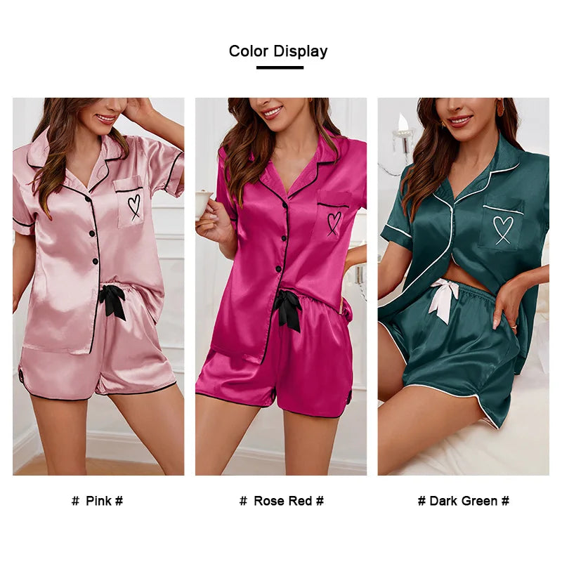 Damen-Nachtwäsche, Umlegekragen, Knopfleiste, Oberteil und Shorts, Pyjama-Set, bequemer Satin, einfarbig, Pyjama, Loungewear, Lounge-Set