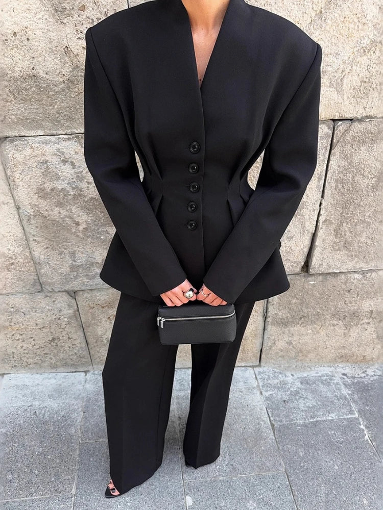 Elegantes Blazer-Hosen-Set für Damen Einfarbiger V-Ausschnitt Langarm-Knopfjacke Weite Hose Frühjahr Neue Mode Büro-Damen-Outfits