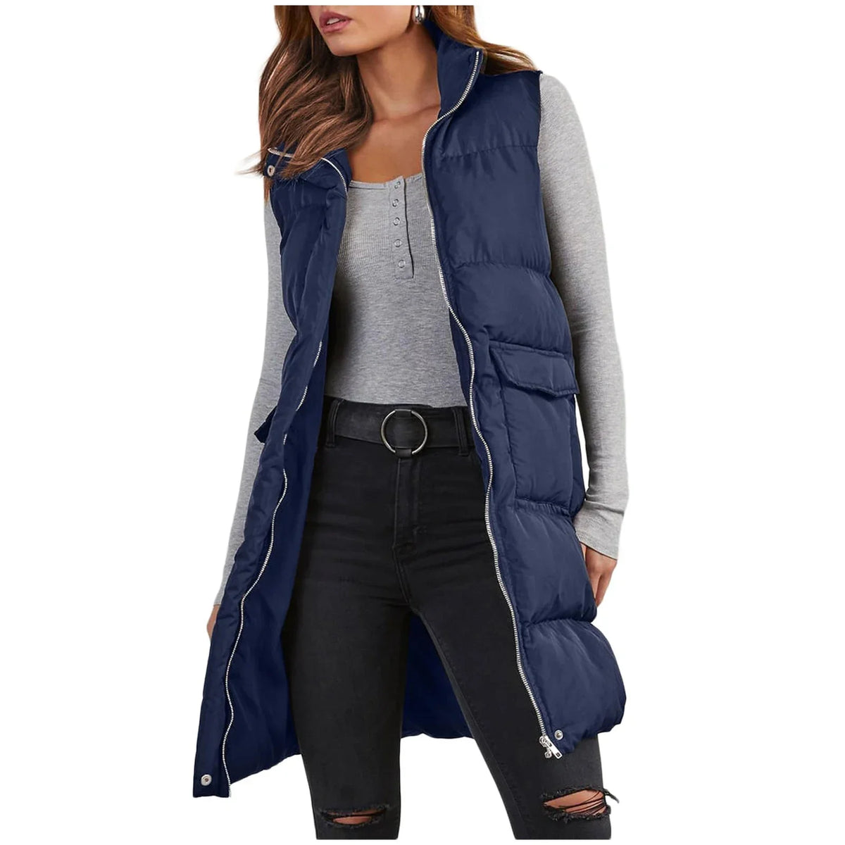 Lang mit Kapuze, Outdoor-Weste, Daunenjacke für Damen, gesteppter Mantel, ärmellose Jacke, leichte Winterpullover