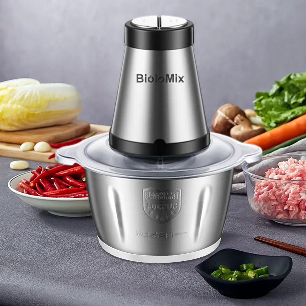 BioloMix 2-Gang-Fleischwolf, 500 W, Edelstahl, 2 l Fassungsvermögen, Fleischwolf, Prozessor, Slicer für den US-Markt, 110 V