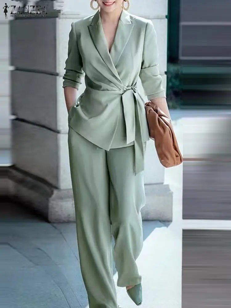 Zanzea Herbst elegant ol Arbeits anzug Frauen Blazer & weites Bein Hose Sets Mode 2 Stück Trainings anzüge Damen Büro Outfits Overs ize 2024
