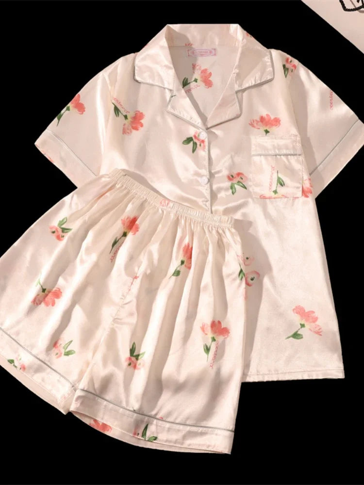 2-teiliges Damen-Pyjama-Set mit süßem Aufdruck, kurzen Ärmeln, Knopfleiste und Shorts, rosa Nachtwäsche, weiche, bequeme Homewear, lässige Loungewear-Pyjama-Set