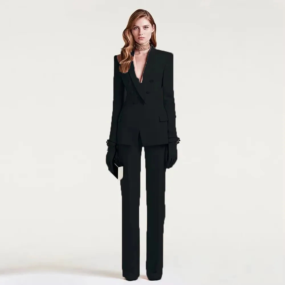 Elegantes, zweireihiges Blazer- und Hosen-Set für Damen, hochwertiger zweiteiliger Hosenanzug, Büro-Outfit, modische, passende Sets