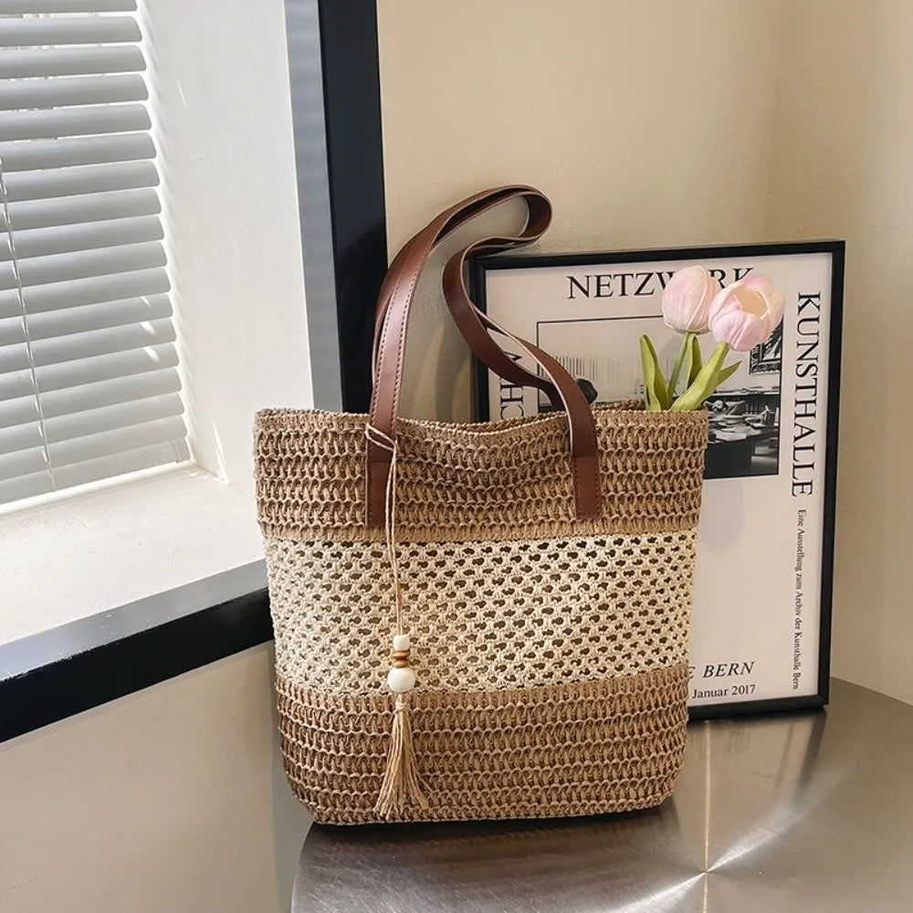 Lässige Stroh-Gewebte Tragetasche Große Kapazität Quadratische Schultertasche mit Reißverschluss und Ledergriff Urlaubs-Strandtasche