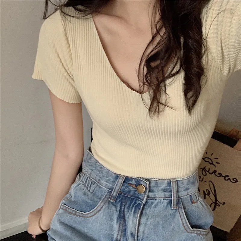 Sommer Frauen Gestrickte T-Shirts Kurzarm Shirts Pullover Tops Weibliche Elastische Dünne Beiläufige Stricken T Crop Tops frauen T-Shirts