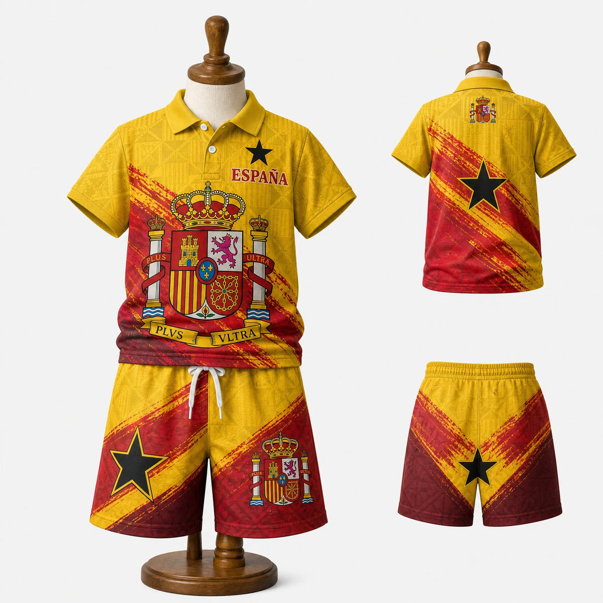 Kinder Spanien Polo-Shirt und Shorts Set für Jungen und Mädchen, Passendes Sommer-Outfit in Rot-Schwarz mit Wappen und Stier-Grafik, Lässiges Reise- und Urlaubsoutfit