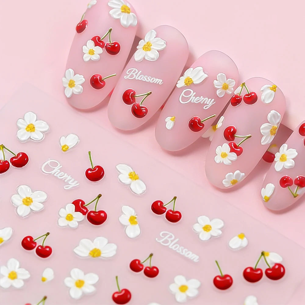 1 Stück 5D Kirschblüten-Nagelaufkleber, Niedliche 3D Rote Kirsche Weiße Blume Selbstklebende Nagelkunst-Sticker, Sommer DIY Maniküre-Dekoration