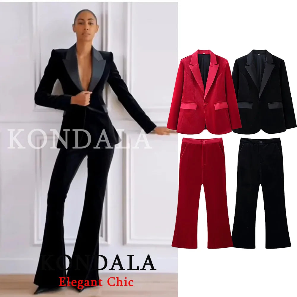 KONDALA Damen Büro-Samt-Slim-Blazer-Set Revers V-Ausschnitt Slim-Blazer mit Taschen Hose Neue Mode 2026 Frühling Herbst Elegantes Set