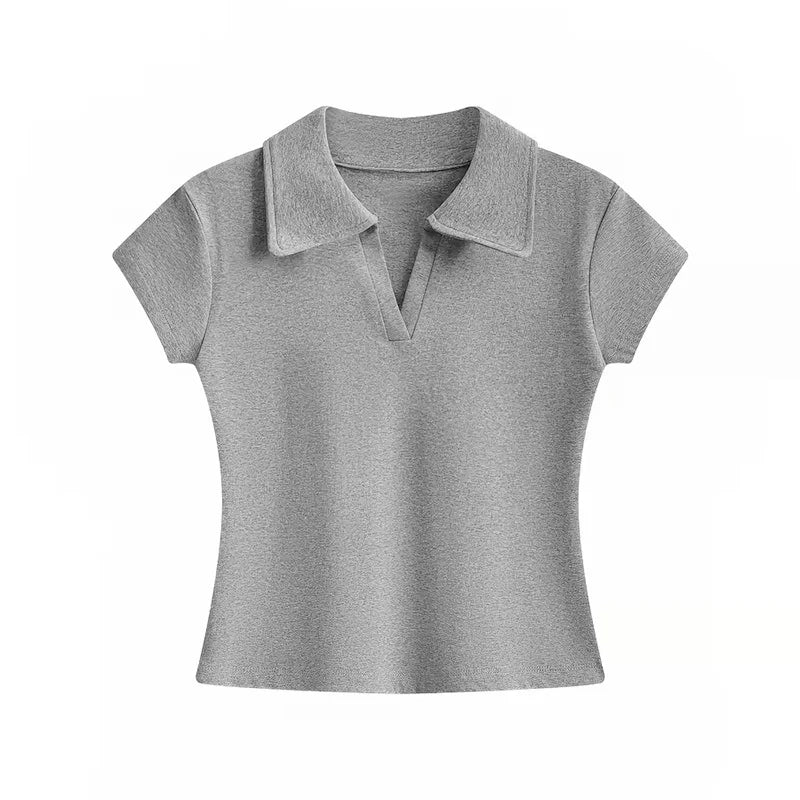 Minimalistisches Vielseitiges Casual-Oberteil 2026 Sommer Neu Einfarbig Gerippter Polokragen Damen T-Shirt Koreanischer Stil Schlankes Kurzarm-Shirt