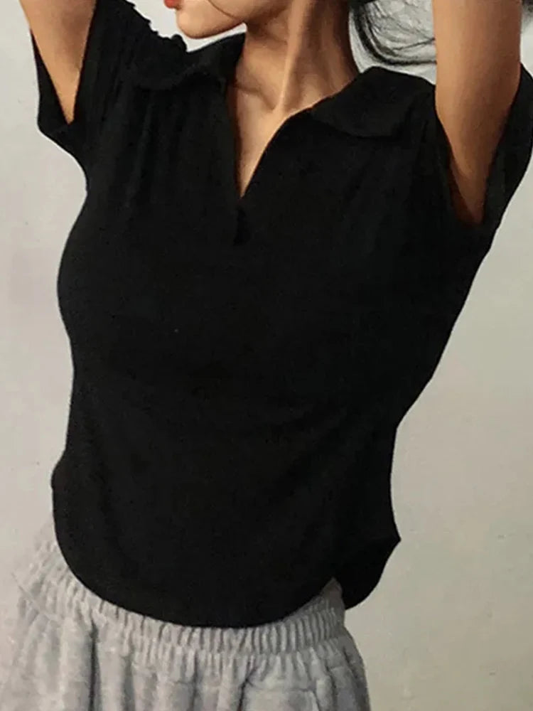 Sommer Kurzarm Revers Top Frauen Solide V-ausschnitt Pullover Retro Süße Shirts Heiße Mädchen Crop Top Weibliche Dünne Vielseitig t