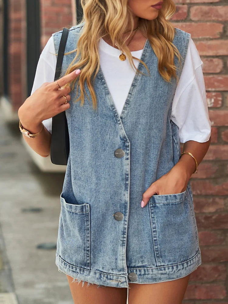 Benuynffy Vintage Große V-ausschnitt Denim Weste Frauen Frühling Sommer Gewaschen Casual Taschen Ärmellose Jeans Jacken Weibliche Lose Outwear