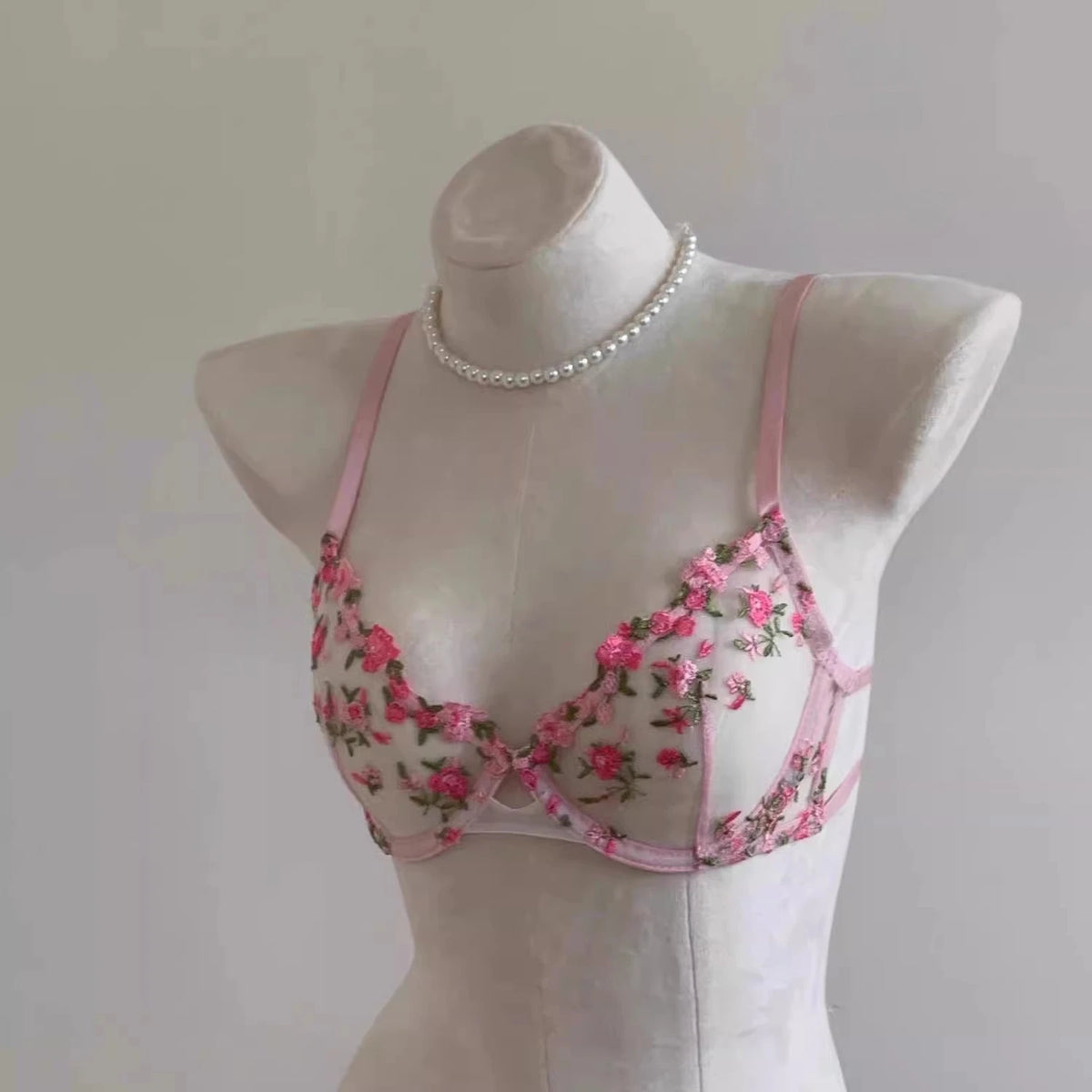 Französisches Blumen-BH-Set für Damen |   Süßes sexy transparentes Mesh-Spitze-Set, transparentes Unterwäsche-Set |   Praktisches und feminines MOYISU Sexy Höschen-Set