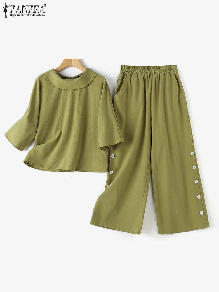 2 Stück Damen Hosen Sets Zanzea Sommer solide ol passende Sets o Hals 3/4 Ärmel Bluse weites Bein Hose lässig locker Arbeits anzug
