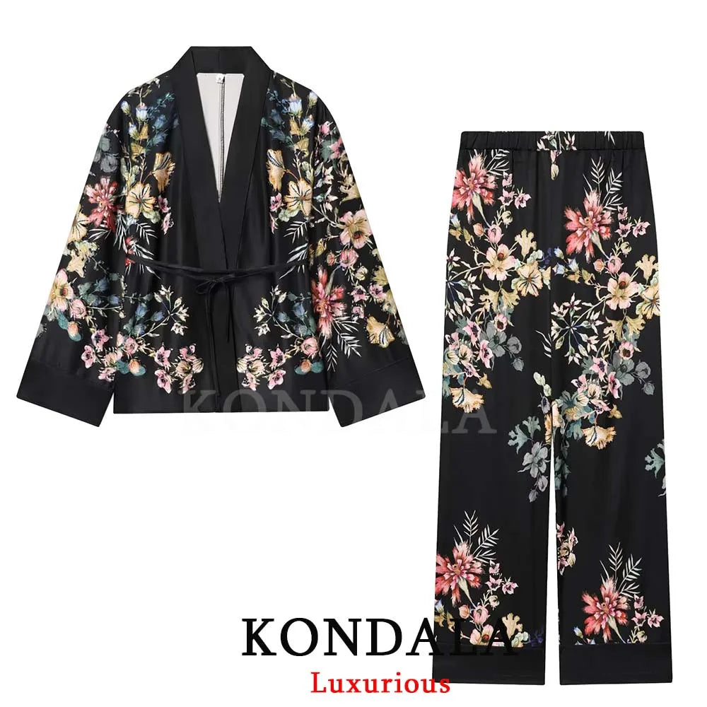KONDALA Lässig-Schicke Damen-Print-Anzüge mit V-Ausschnitt, Langarm, Schnürung, Lockerer Blazer und Weite Hose – Neue Mode 2026 für Damen – Urlaubs-Sets