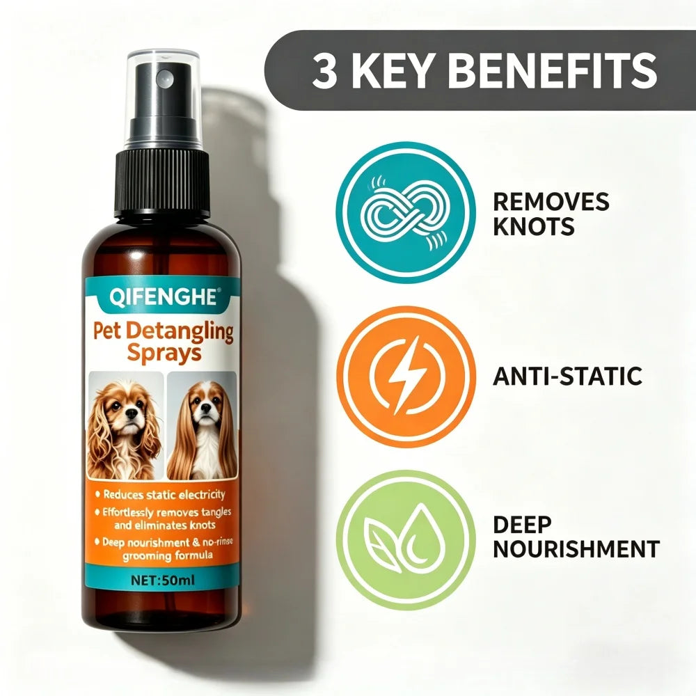 QIFENGHE 50ml Entwirrungsspray für Haustiere, Leave-In Conditioner für Hunde & Katzen, Reduziert Statische Aufladung & Beseitigt Knoten, Pflegespray ohne Ausspülen