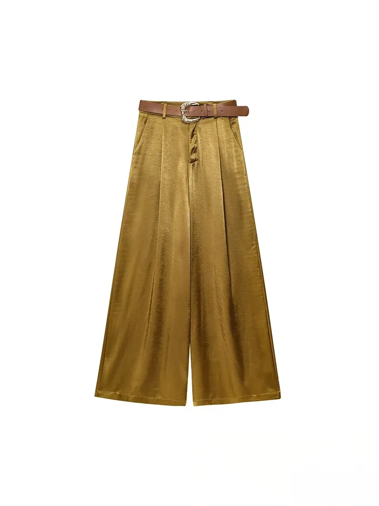 KONDALA Casual Chic Gelb Satin Frauen Anzüge V-ausschnitt Tasten Weste Hohe Taille Breite Bein Hosen Mode 2025, Sommer Urlaub Anzüge