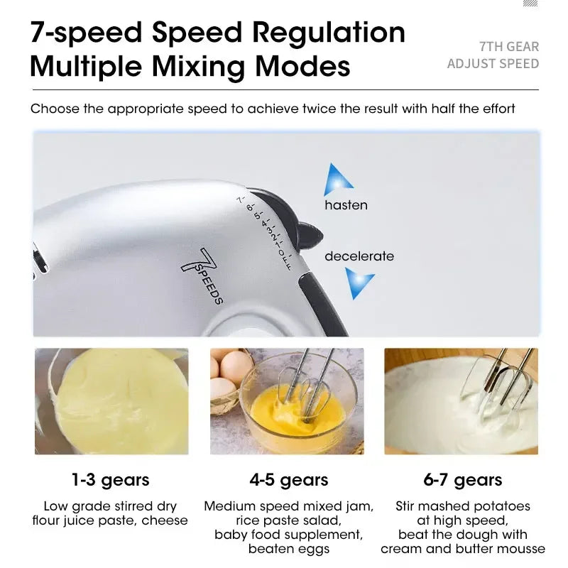 Handgehaltener elektrischer Schneebesen, automatischer Haushaltsmixer, handgehaltener Lebensmittel-, Kuchen-, Brot- und Teigmischer, Crememixer mit 7 Geschwindigkeiten