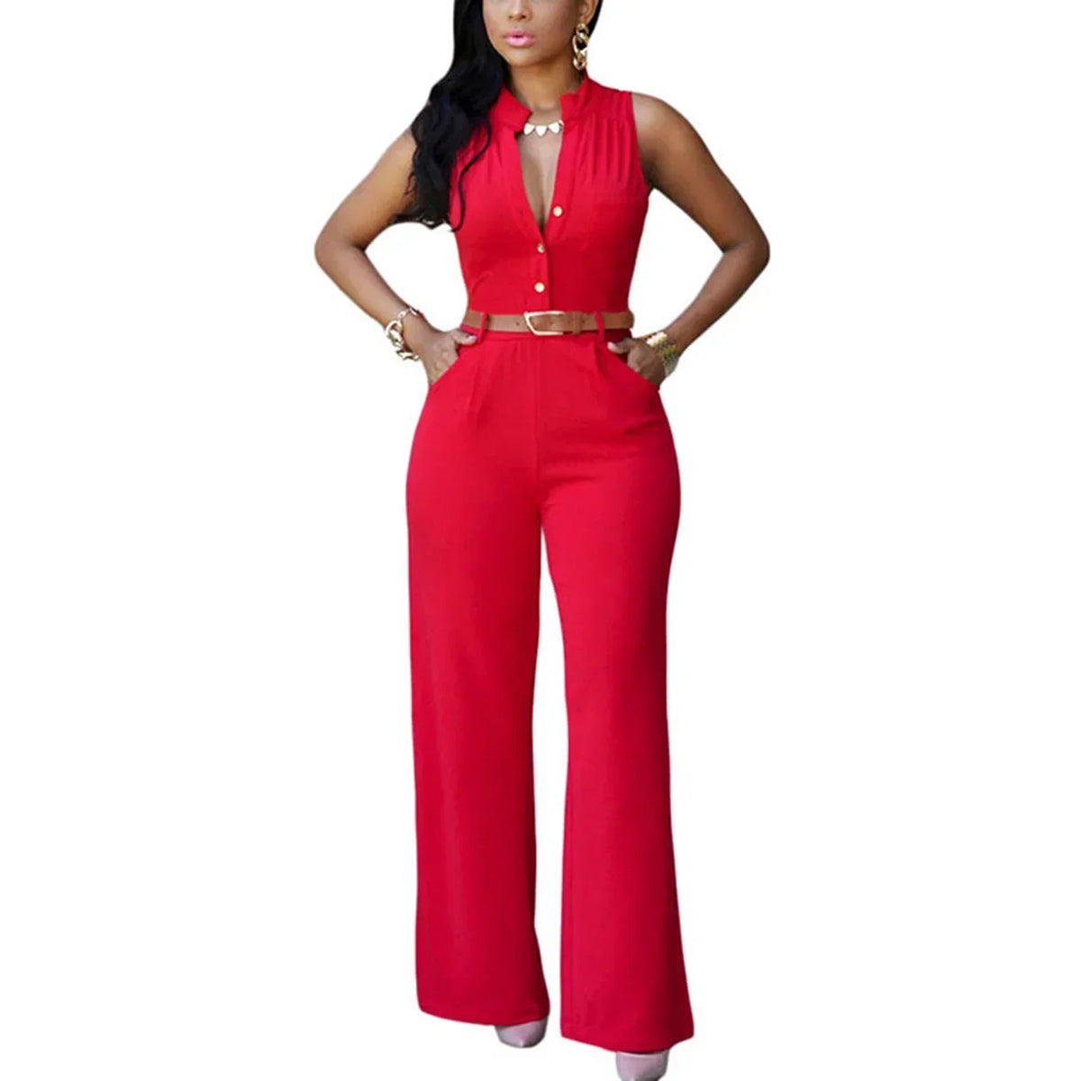 Damen Jumpsuit Sexy Ärmellos Tiefer V-Ausschnitt Weites Bein Jumpsuit Romper Mit Gürtel